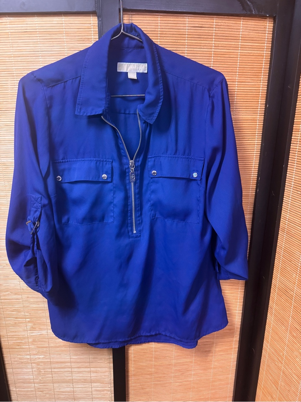 Michael Kors Royal Blue Half Zip Roll Tab Sleeve Blouse Size L